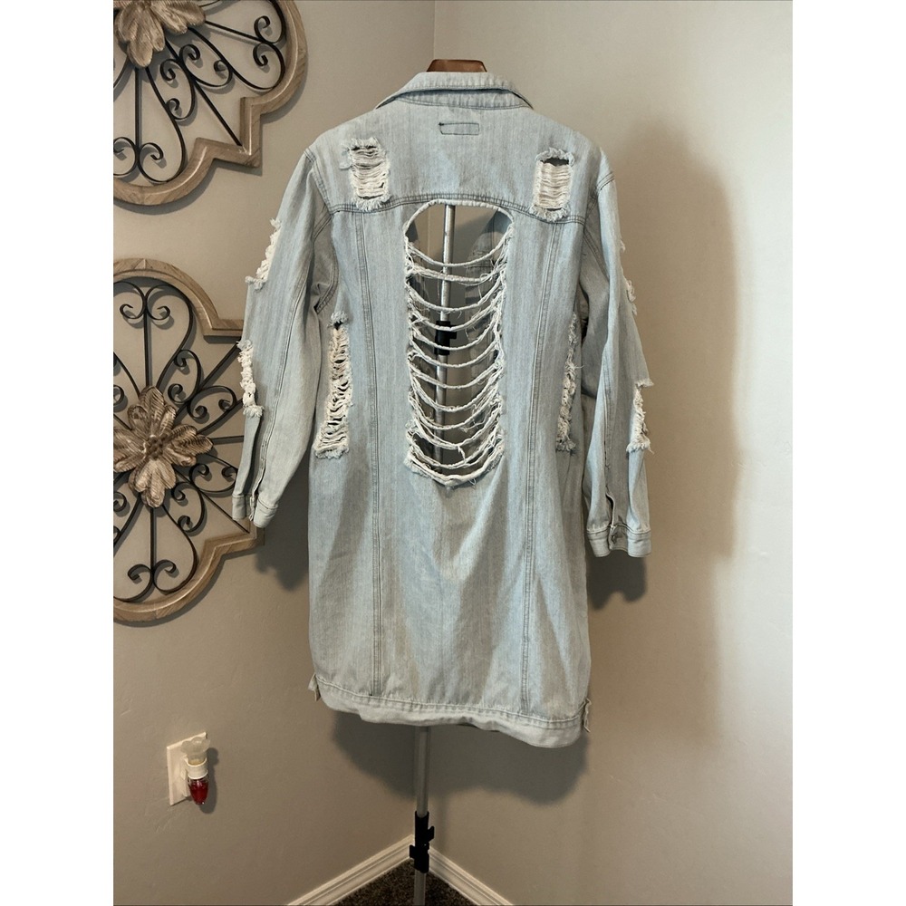 Thrill Jeans Long Denim Acid Washed Jacket Distressed Destroyed Frayed Button 2X - Picture 5 of 13
